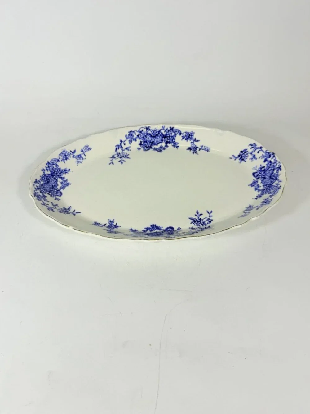 Transferware Rimmed Serving Platter Flow Blue Cresent Utophia Alpha Blue and Whi